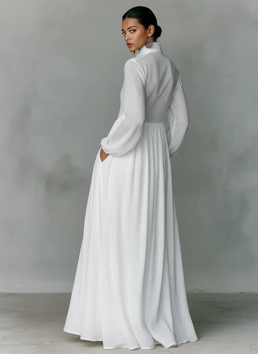 Elegant women's long sleeve maxi shirt dress with stand collar & pockets, ideal for office or casual wear.