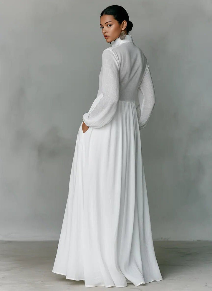 Elegant women's long sleeve maxi shirt dress with stand collar & pockets, ideal for office or casual wear.