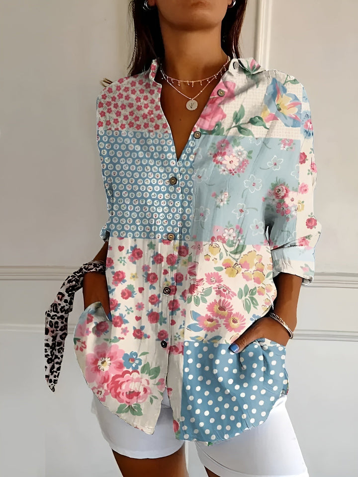 Stylish women's floral printed blouse featuring a full button-front, a chic choice for summer casual outfits.