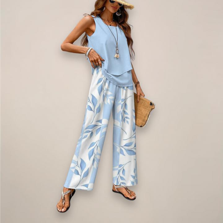 Boho chic women's two-piece set with a colorful abstract print and comfortable wide-leg pants for spring.