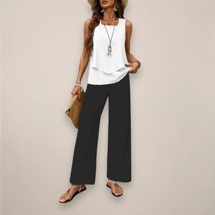 Fashionable women's patterned wide-leg set, a perfect summer outfit for brunch or resort wear.