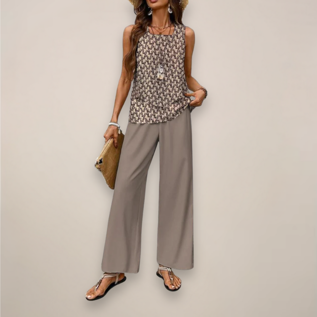Relaxed fit women's two-piece set with a unique print and wide-leg trousers, embodying boho vacation style.