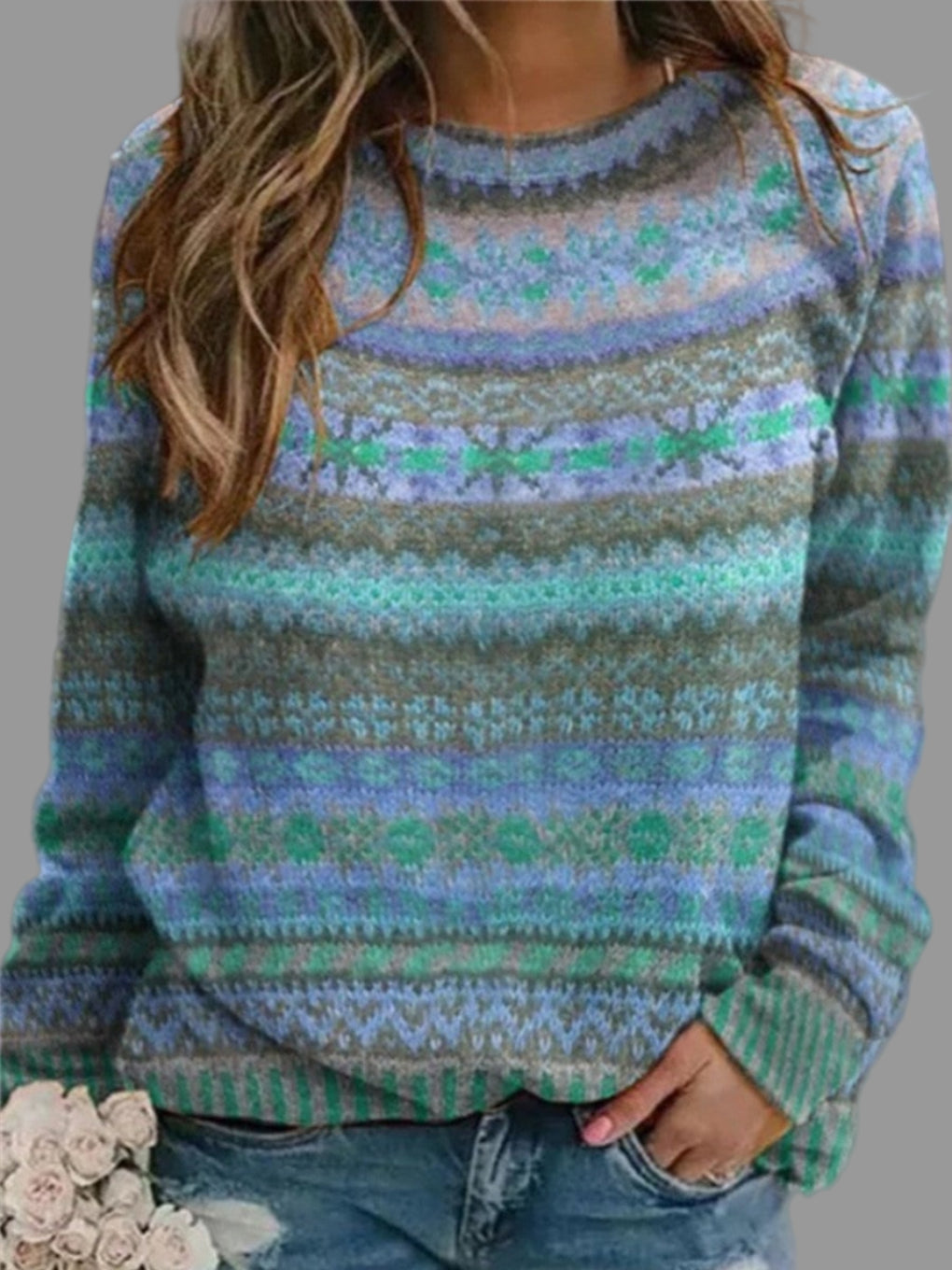 Women's vintage blue round neck pullover sweater, relaxed fit knitwear for fall fashion