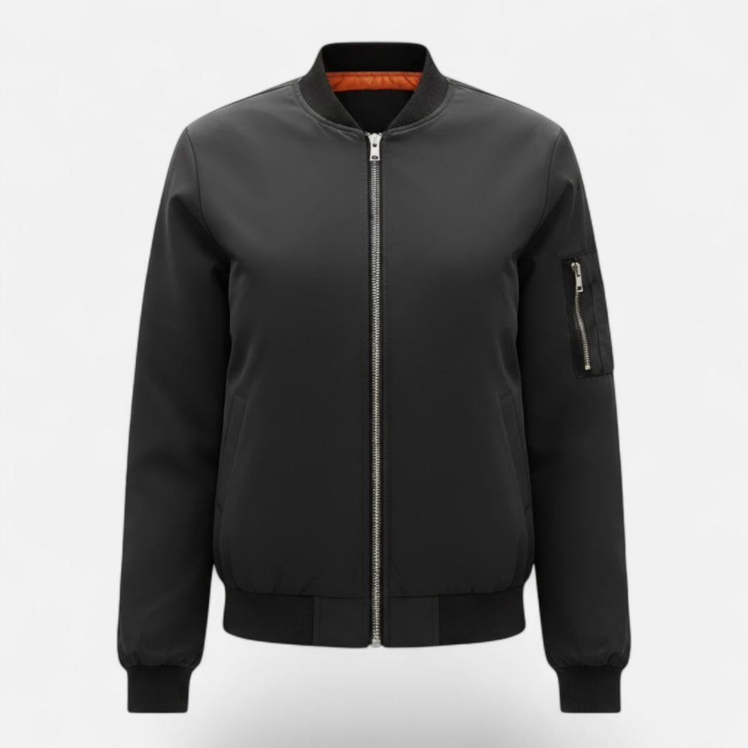 Women's vintage bomber jacket, zip closure, solid color, perfect for fall fashion.