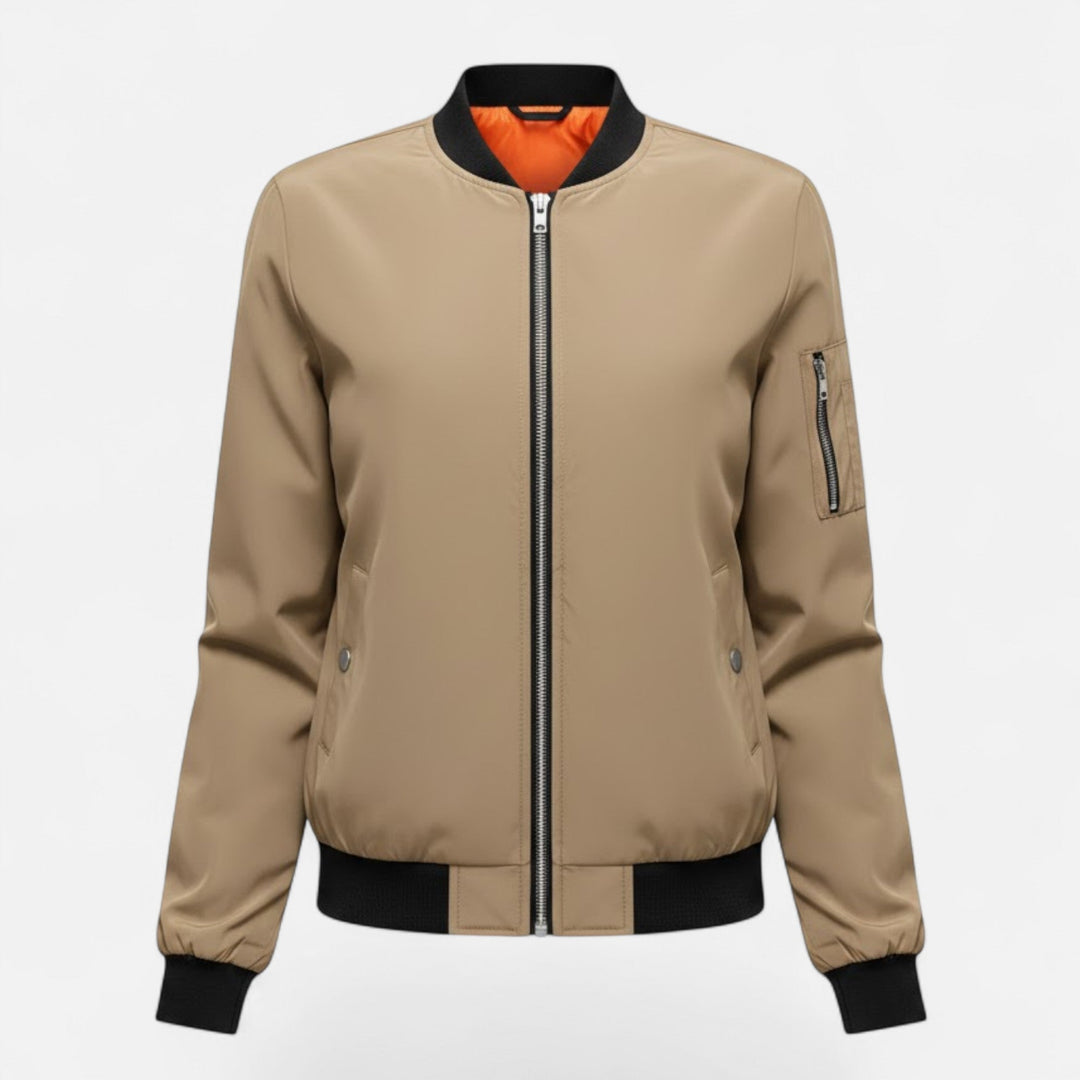 Elegant women's vintage bomber jacket, solid hue, full zip, essential fall fashion piece.