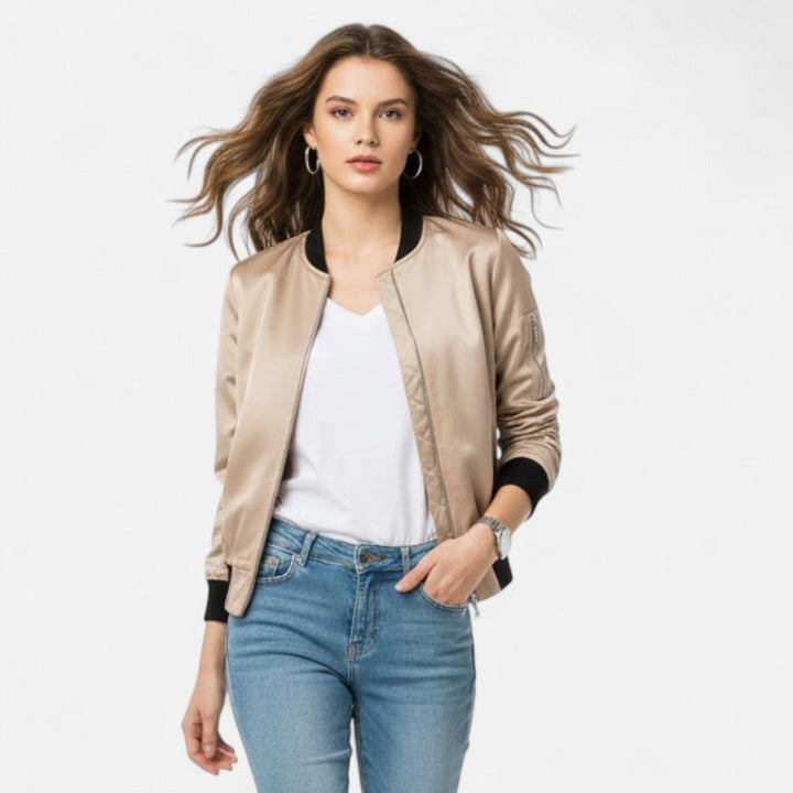 Retro women's zip bomber jacket, versatile and stylish for modern casual everyday wear.