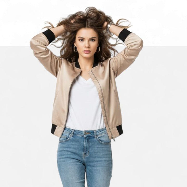 Women's solid color bomber jacket, vintage design, practical zip-up outerwear for fall.