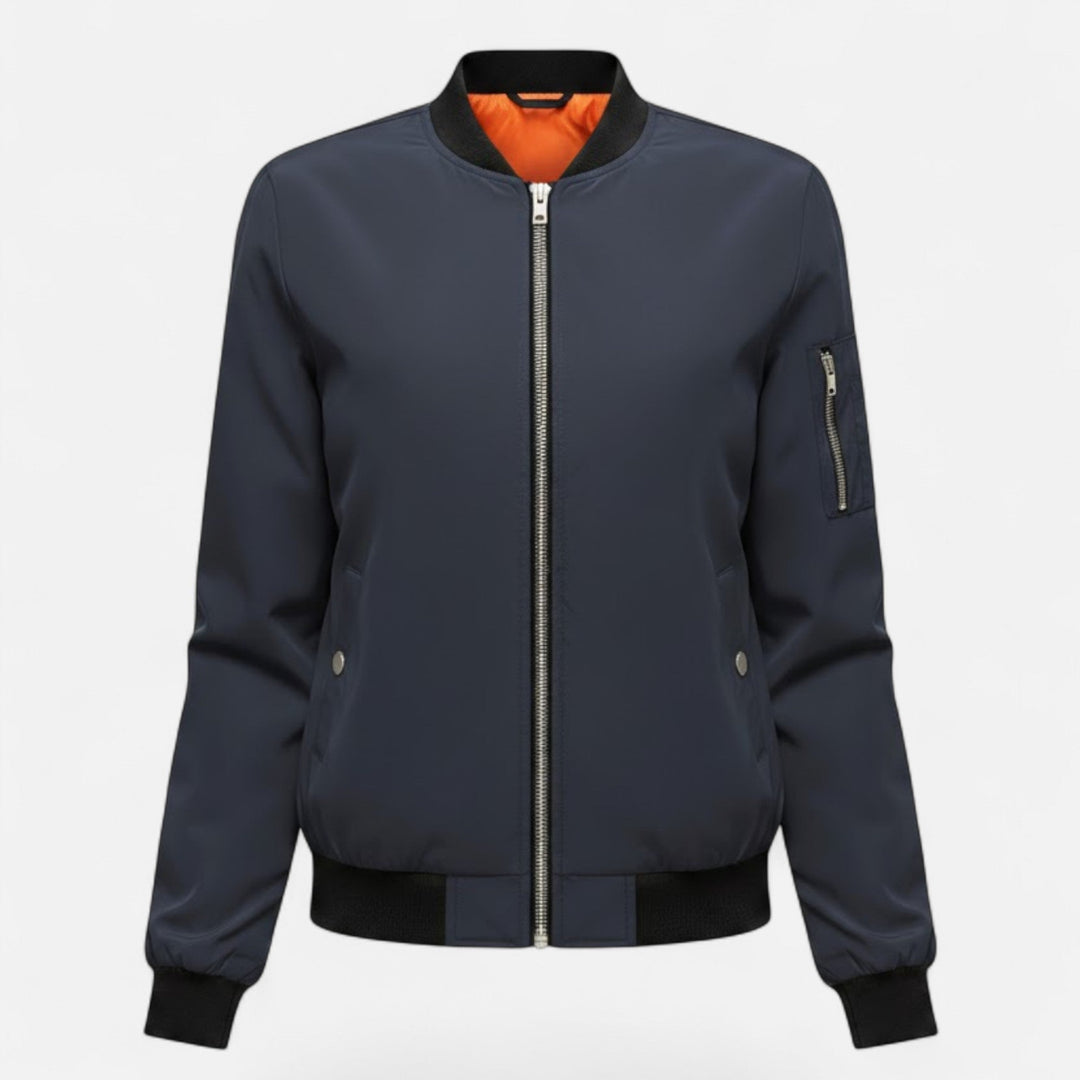 Effortless vintage women's bomber jacket, round neck, full zip, perfect for transitional weather.