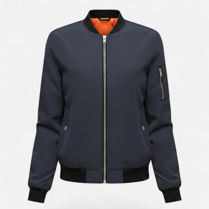 Effortless vintage women's bomber jacket, round neck, full zip, perfect for transitional weather.