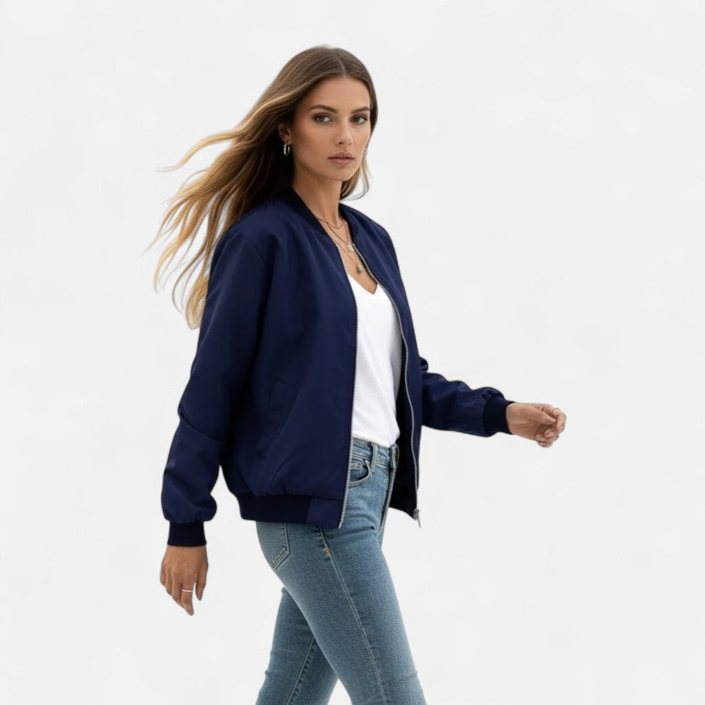 Stylish women's casual bomber jacket with zip, vintage flair, ideal for versatile fall layering.