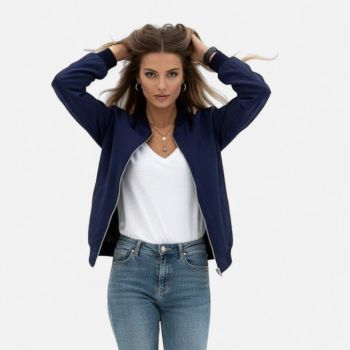 Women's versatile bomber jacket, vintage-inspired zip-front style, comfortable everyday outerwear.