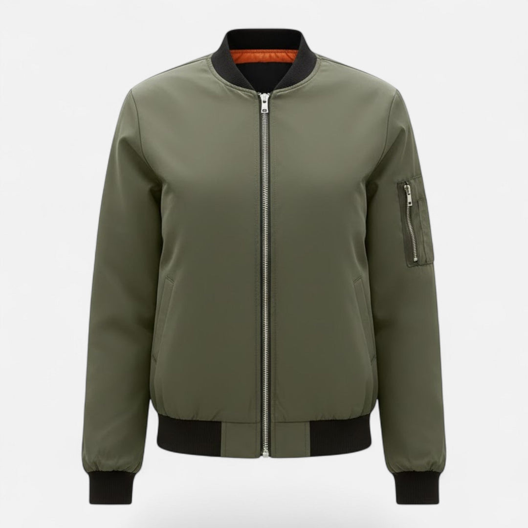 Classic women's zip jacket, vintage-inspired bomber style for everyday wear & fall fashion.