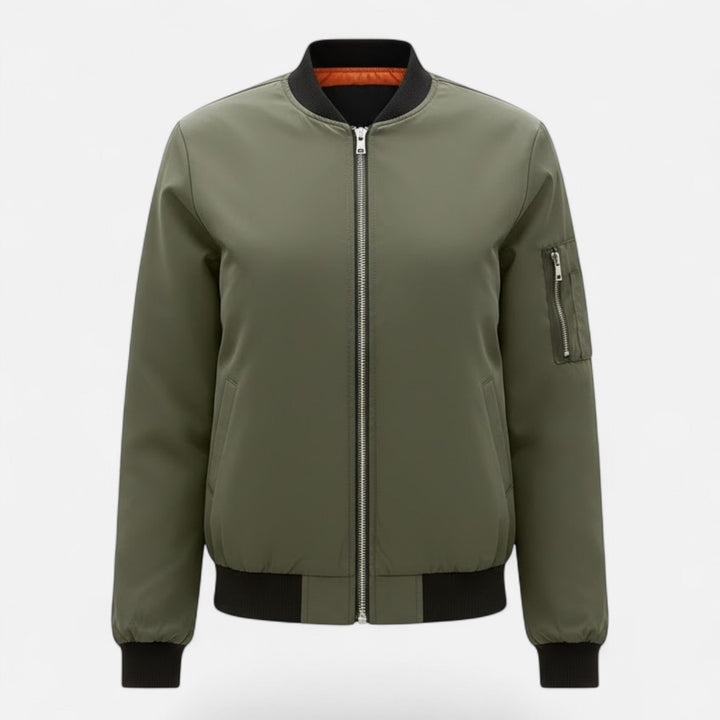 Classic women's zip jacket, vintage-inspired bomber style for everyday wear & fall fashion.