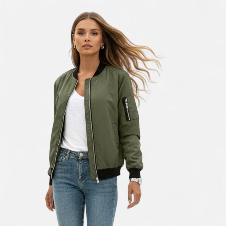 Trendy women's bomber jacket, solid color, full zip, perfect for versatile fall outerwear.