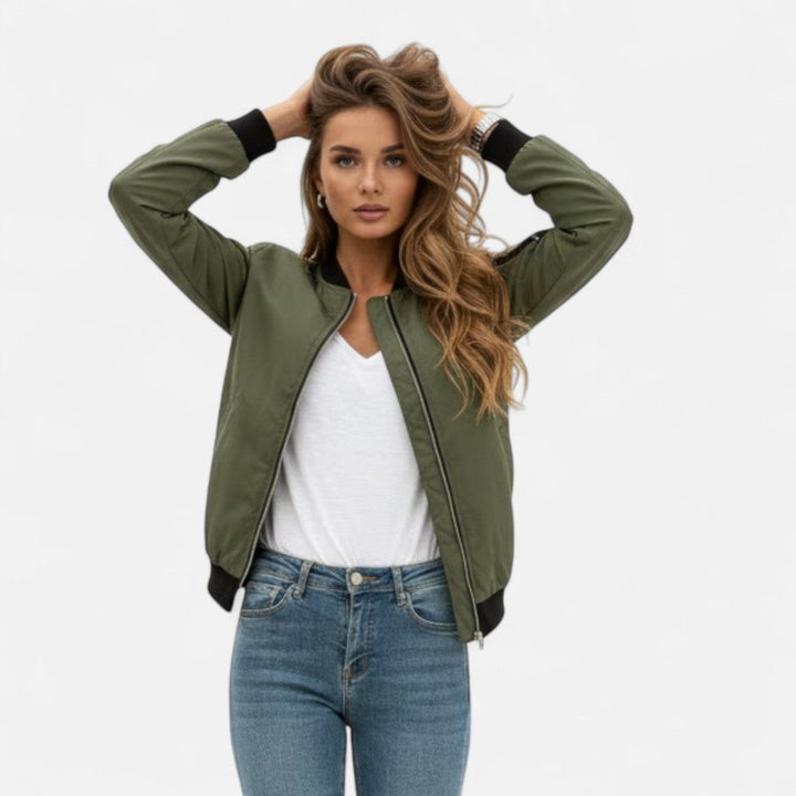 Chic women's vintage zip bomber jacket, adding effortless style to any casual outfit.
