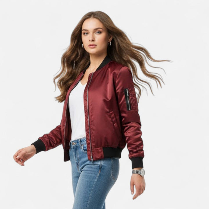 Women's fall fashion bomber jacket with zip, vintage aesthetic, round neck design.