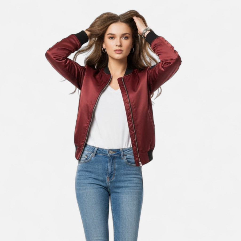 Casual women's zip jacket, vintage bomber style, great for everyday versatile outerwear.