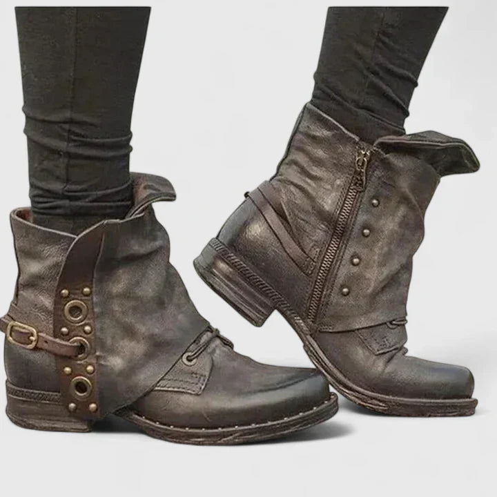 Women's vintage buckle ankle boots, dark brown leather, perfect for spring casual wear and western style fashion