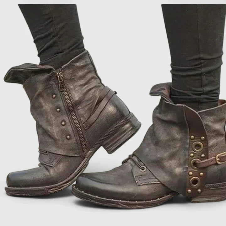 Stylish women's ankle boots with decorative buckles, ideal for spring fashion, everyday wear, and a vintage look