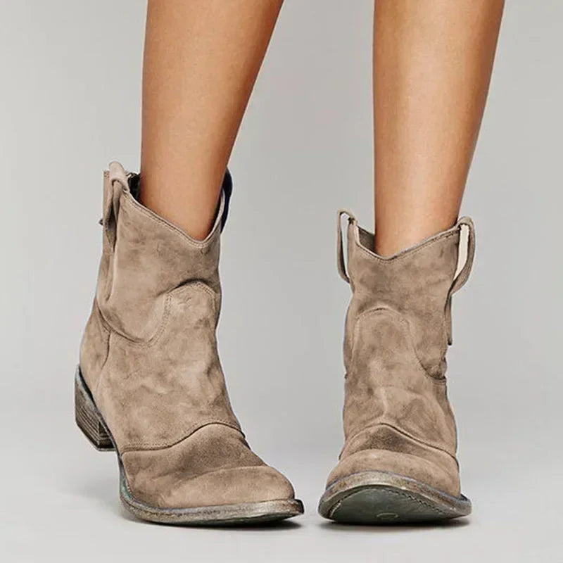 Women's vintage cowboy suede ankle boots with block heel, perfect for casual chic western style