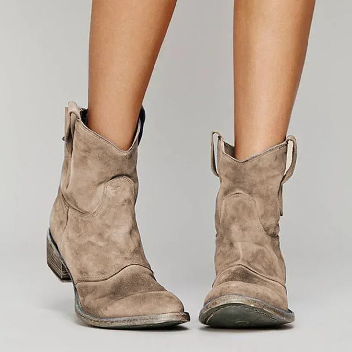 Women's vintage cowboy suede ankle boots with block heel, perfect for casual chic western style