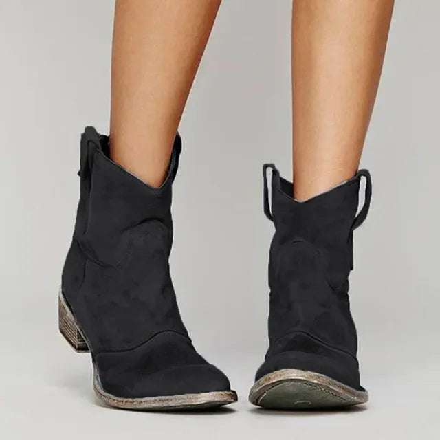 Stylish women's suede ankle boots, vintage cowboy design, comfortable block heel footwear