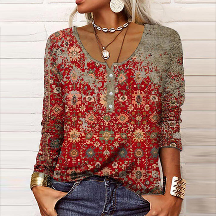 Women's vintage floral print long sleeve top, elegant V-neck blouse for casual or office wear, classic style.