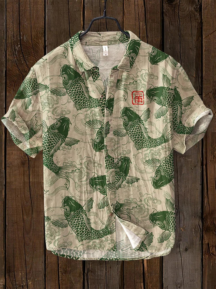 Artistic women's shirt with colorful vintage Japanese fish print. Elegant casual wear, unique summer style.