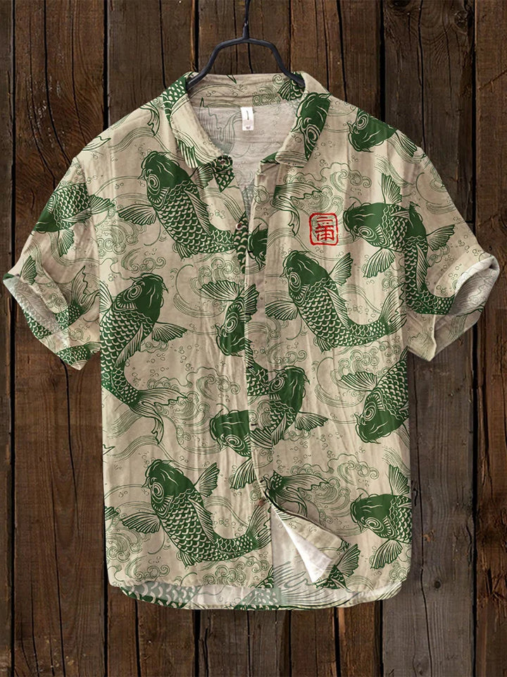 Artistic women's shirt with colorful vintage Japanese fish print. Elegant casual wear, unique summer style.