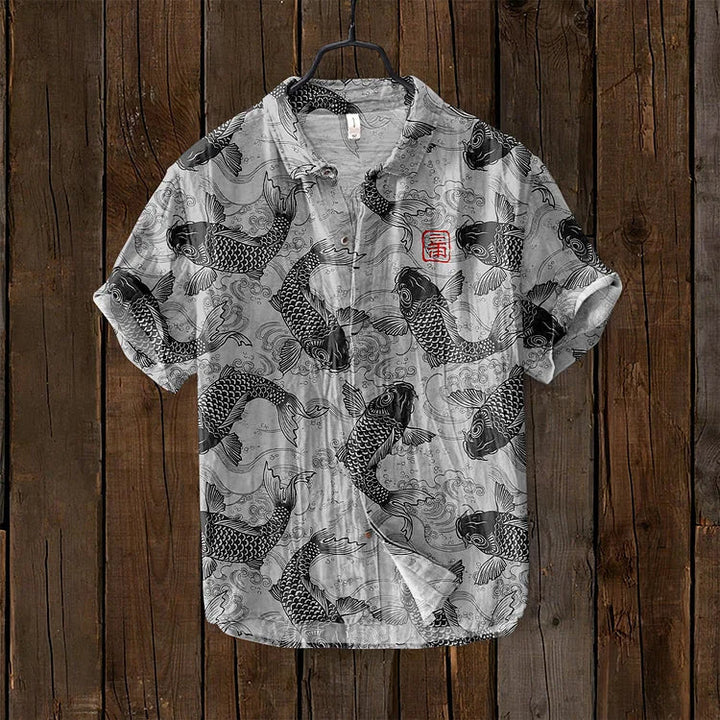 Unique women's comfort fit top featuring an elegant vintage Japanese fish art design. Artistic fashion statement blouse.