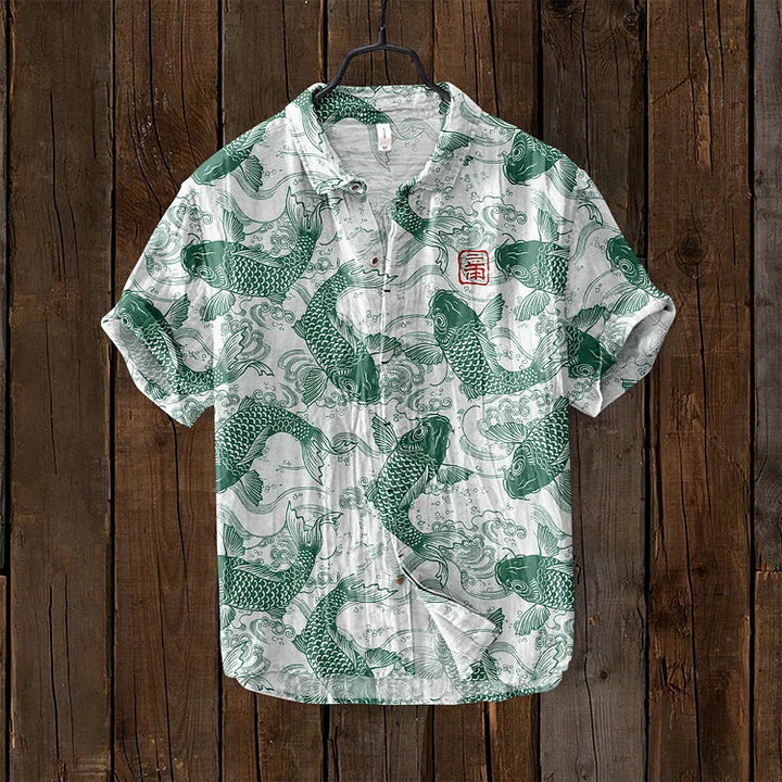 Vibrant women's summer shirt showcasing a detailed vintage Japanese fish art print. Elegant, artistic & unique fashion.