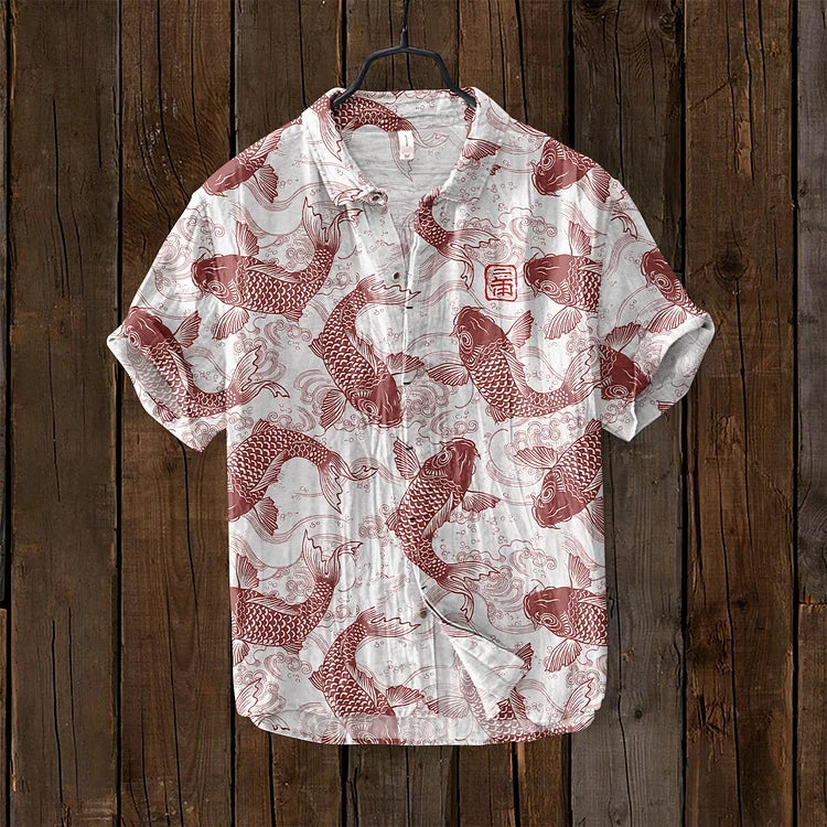 Casual elegant women's shirt with comfort fit, featuring a unique vintage Japanese fish art print. Summer style.