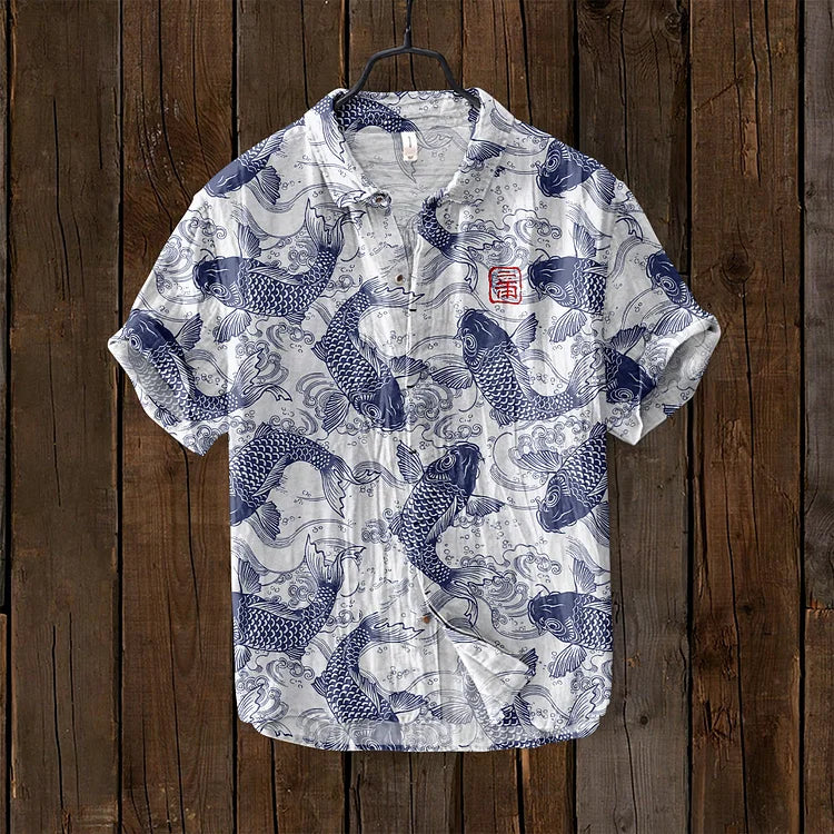 Women's vintage Japanese art fish print shirt. Colorful, elegant, and unique artistic fashion for summer.