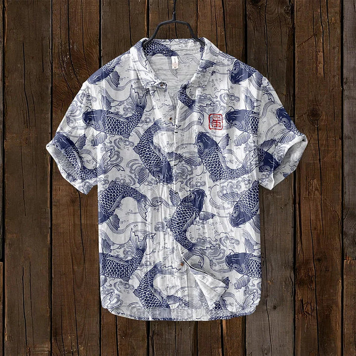 Women's vintage Japanese art fish print shirt. Colorful, elegant, and unique artistic fashion for summer.