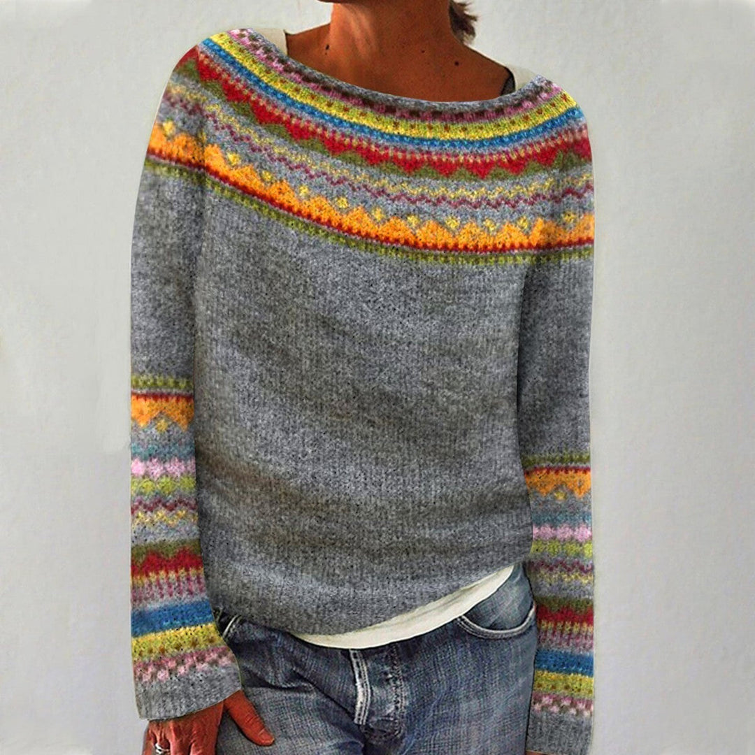 Women's vintage knit pullover sweater, cozy & stylish for winter fashion. Long sleeve multicolor design.
