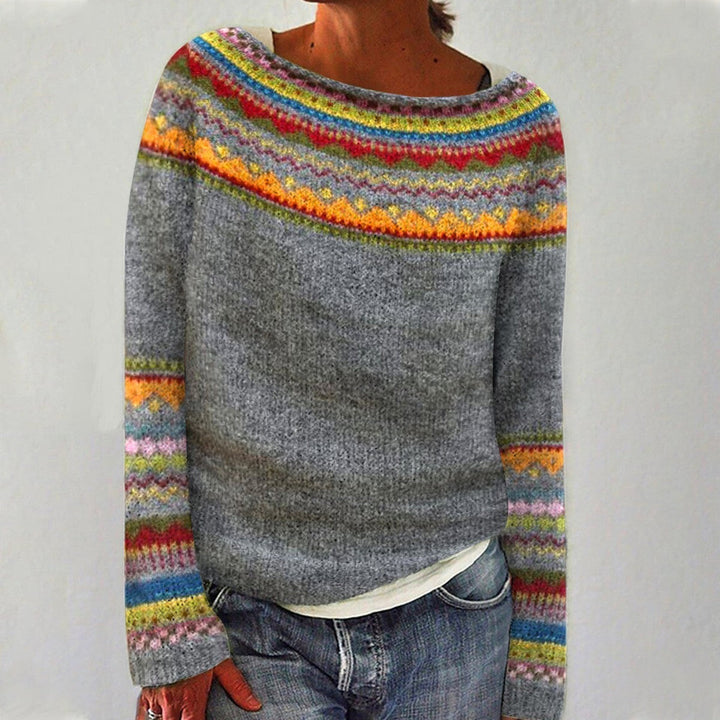 Women's vintage knit pullover sweater, cozy & stylish for winter fashion. Long sleeve multicolor design.