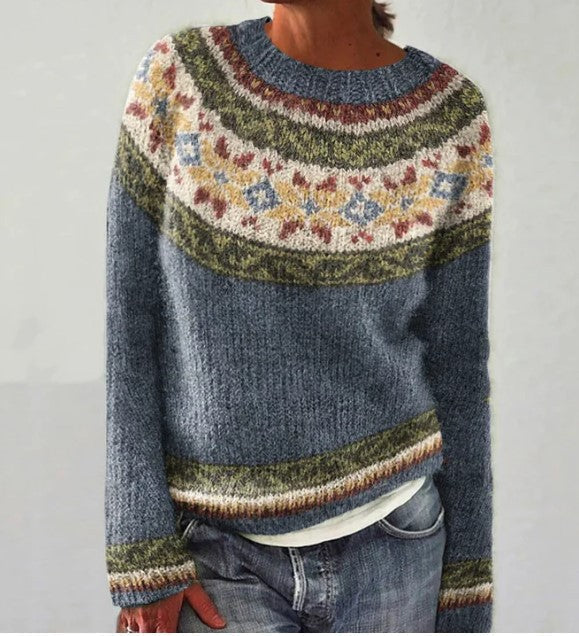Multicolor vintage knit pullover sweater for women, a cozy long-sleeve top for stylish winter comfort.