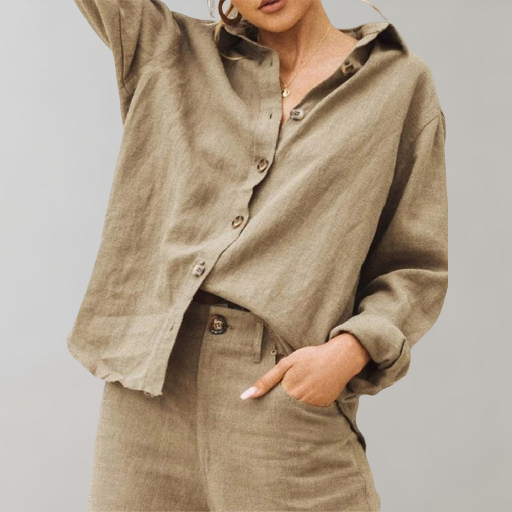 Loose fit women's vintage top in linen blend fabric, button-down design for summer fashion.