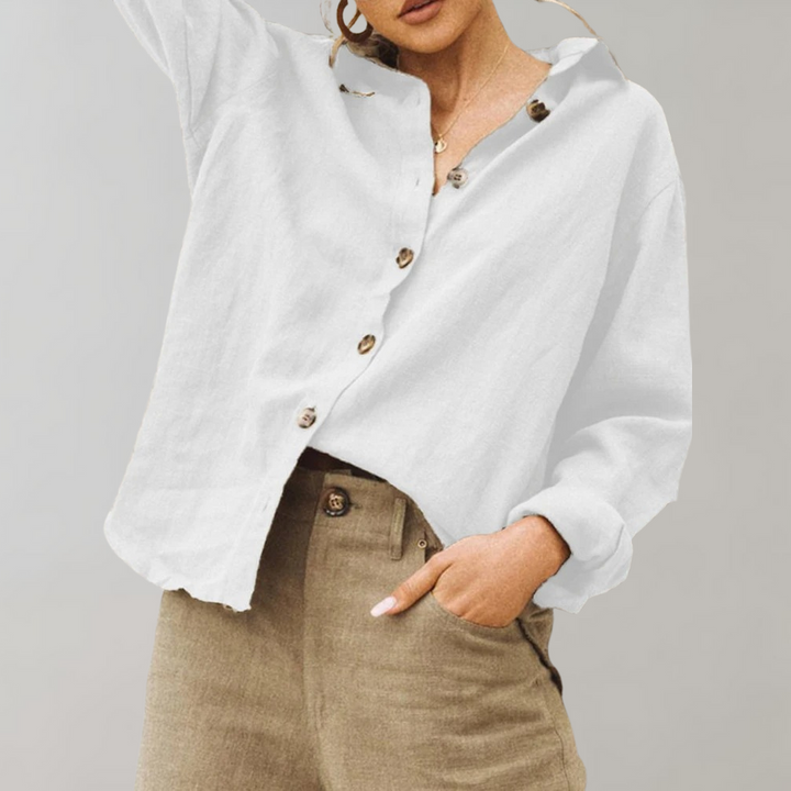 Summer fashion women's vintage linen blend button-down blouse, comfortable loose fit top.