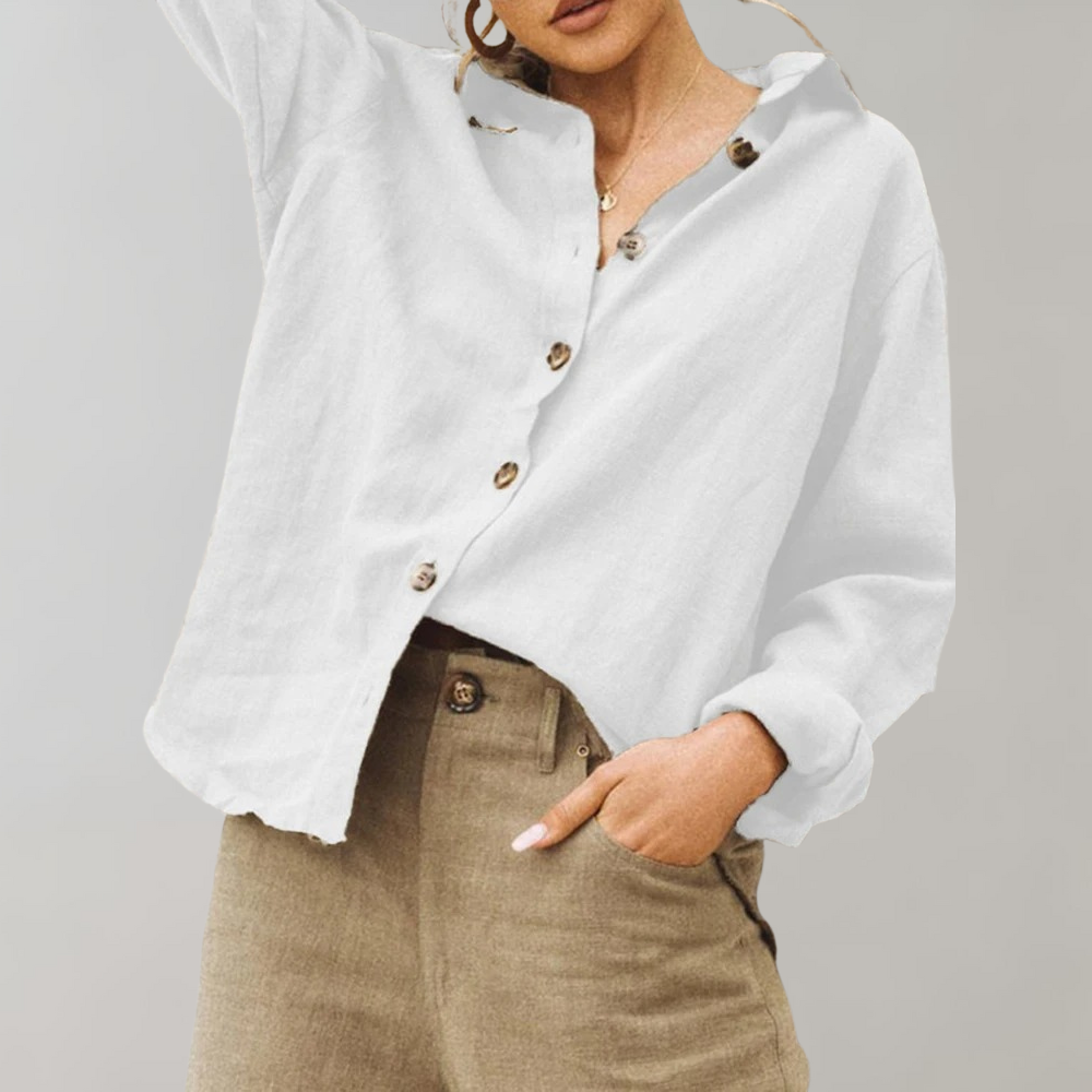 Women's vintage linen blend relaxed fit blouse in natural, perfect for casual summer wear