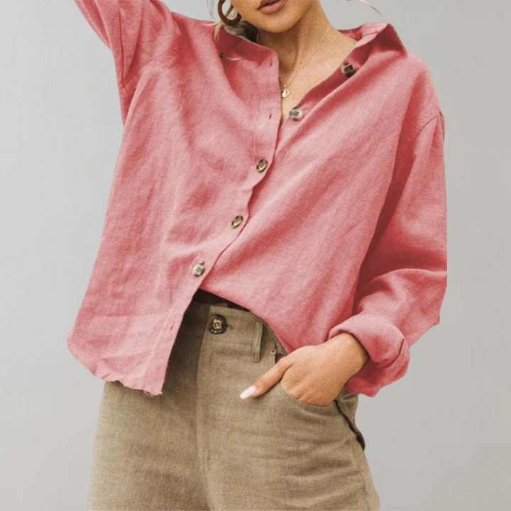 Relaxed fit women's linen blend blouse, long sleeve button-up top, vintage style, new arrival