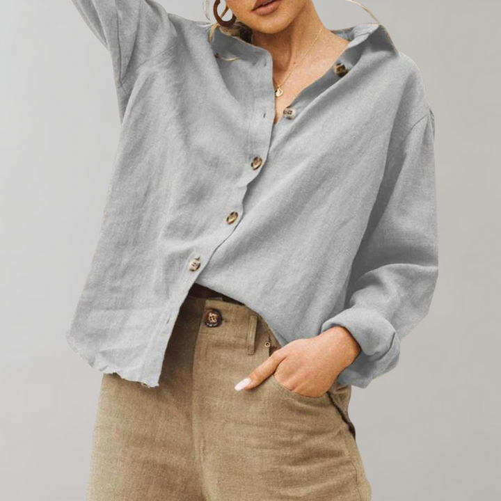 New women's vintage linen blend long sleeve blouse, relaxed fit, ideal button-up summer top