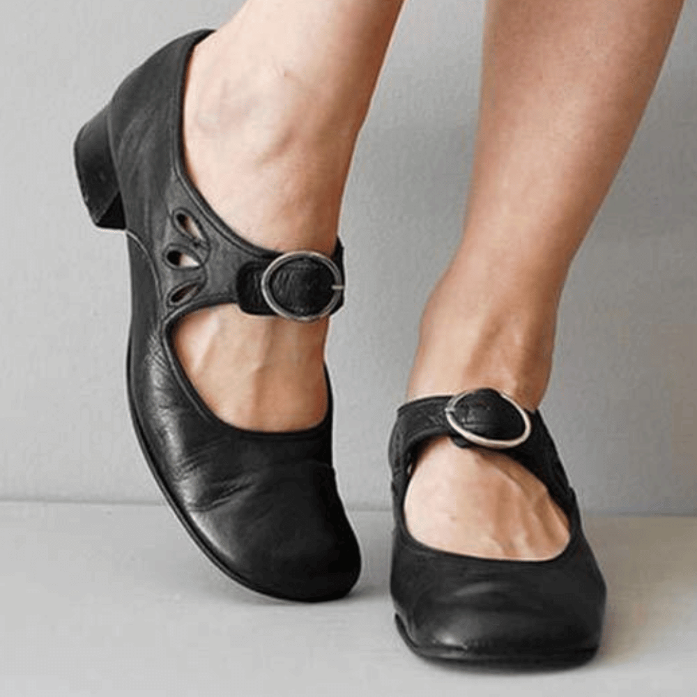 Women's vintage low heel buckle shoes, PU leather, comfortable for spring summer retro fashion.