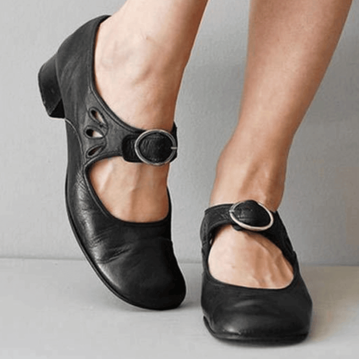 Women's vintage low heel buckle shoes, PU leather, comfortable for spring summer retro fashion.