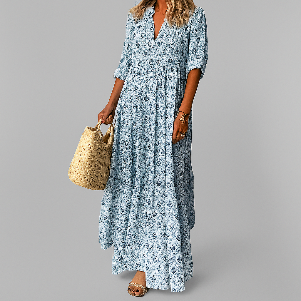 Women's vintage print lightweight maxi dress with 3/4 sleeves and V-neck, perfect for summer.