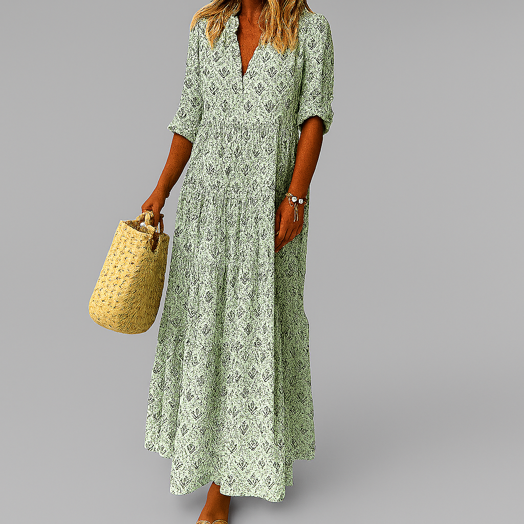 Summer-ready women's V-neck maxi dress with vintage print, a stylish and comfortable gown.