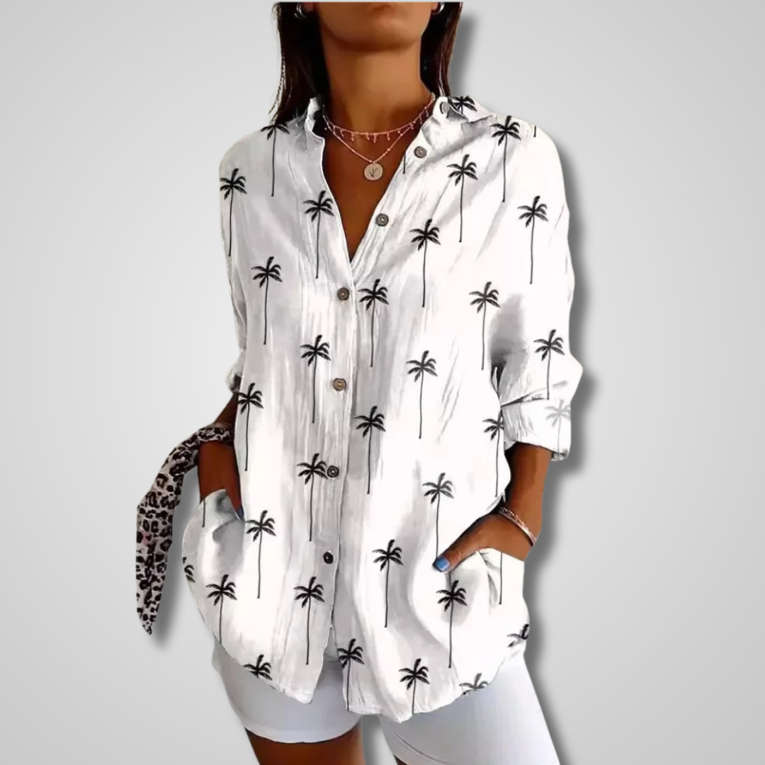 Stylish women's vintage relaxed button-up shirt in a neutral tone, versatile for summer and casual outfits.