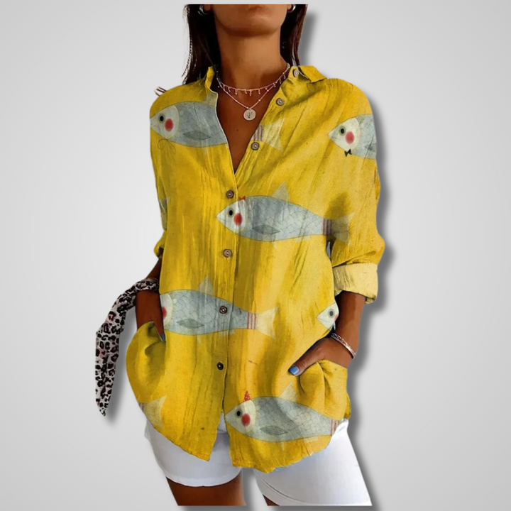 Model wearing a comfortable women's vintage relaxed button-up shirt, showcasing its loose fit and casual style.