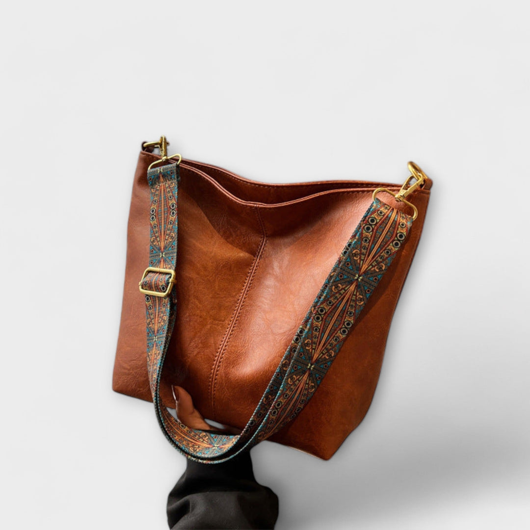Women's vintage shoulder handbag, black leather, embroidered strap, casual everyday fashion accessory