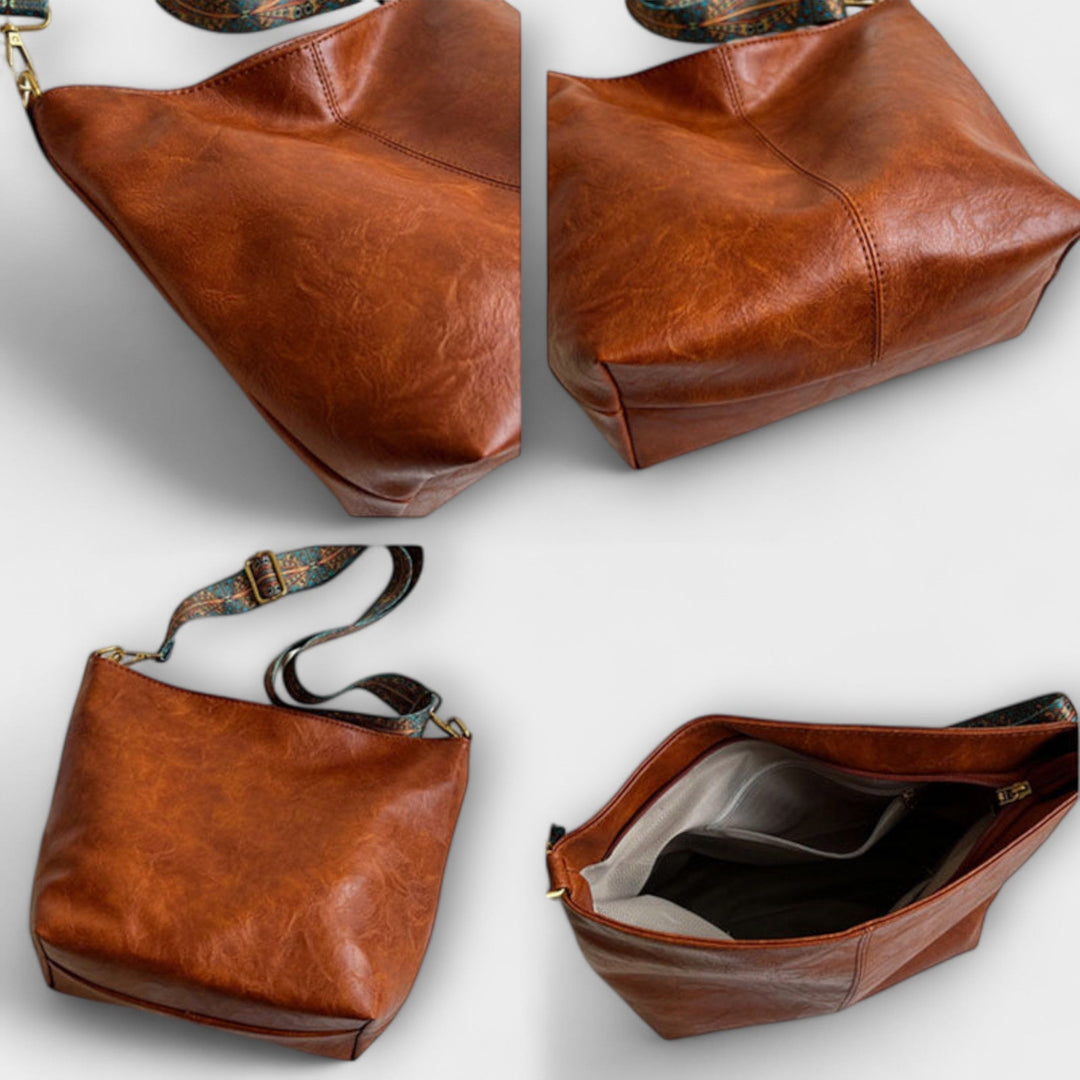 Fashionable women's vintage shoulder handbag featuring a distinctive embroidered strap and slouchy silhouette